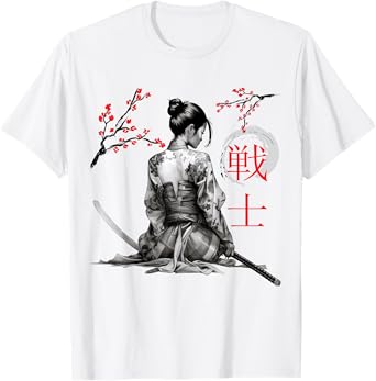 Japanese Samurai Girl Tee Cherry Blossom Woodblock Art Style T-Shirt