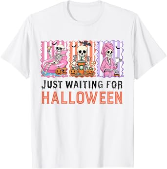 Just Waiting For Halloween Skeleton Spooky Summer Vacation T-Shirt