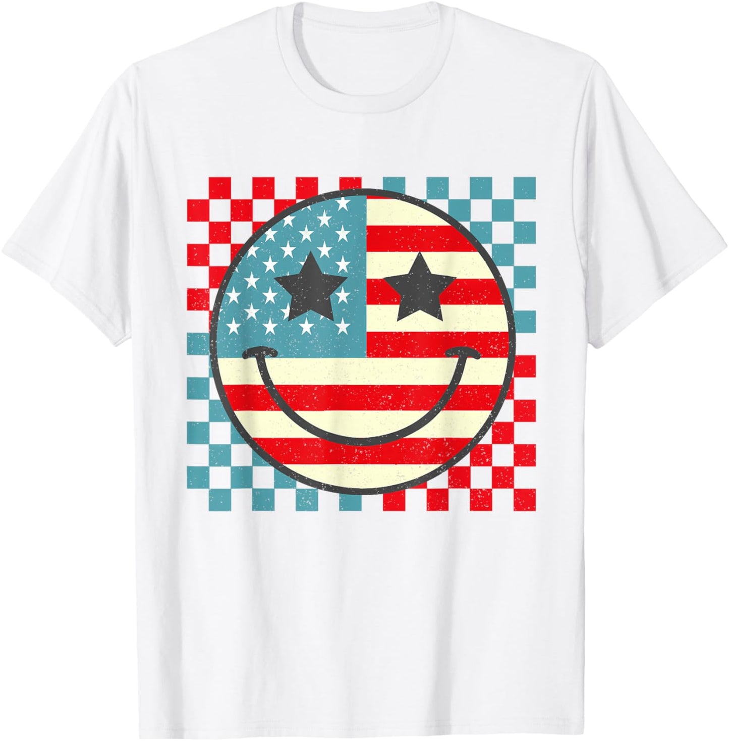 Retro Groovy Fourth 4th of July Smile Checkered Womens Girls T-Shirt