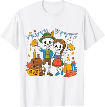 Oktoberfest Skeleton Couple Beer Pretzel Sausage Costume T-Shirt