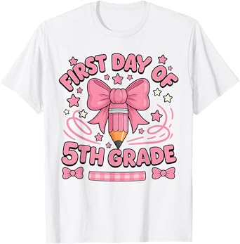 First Day of 5th Grade Pink Pencil Bow Girl Back to School T-Shirt