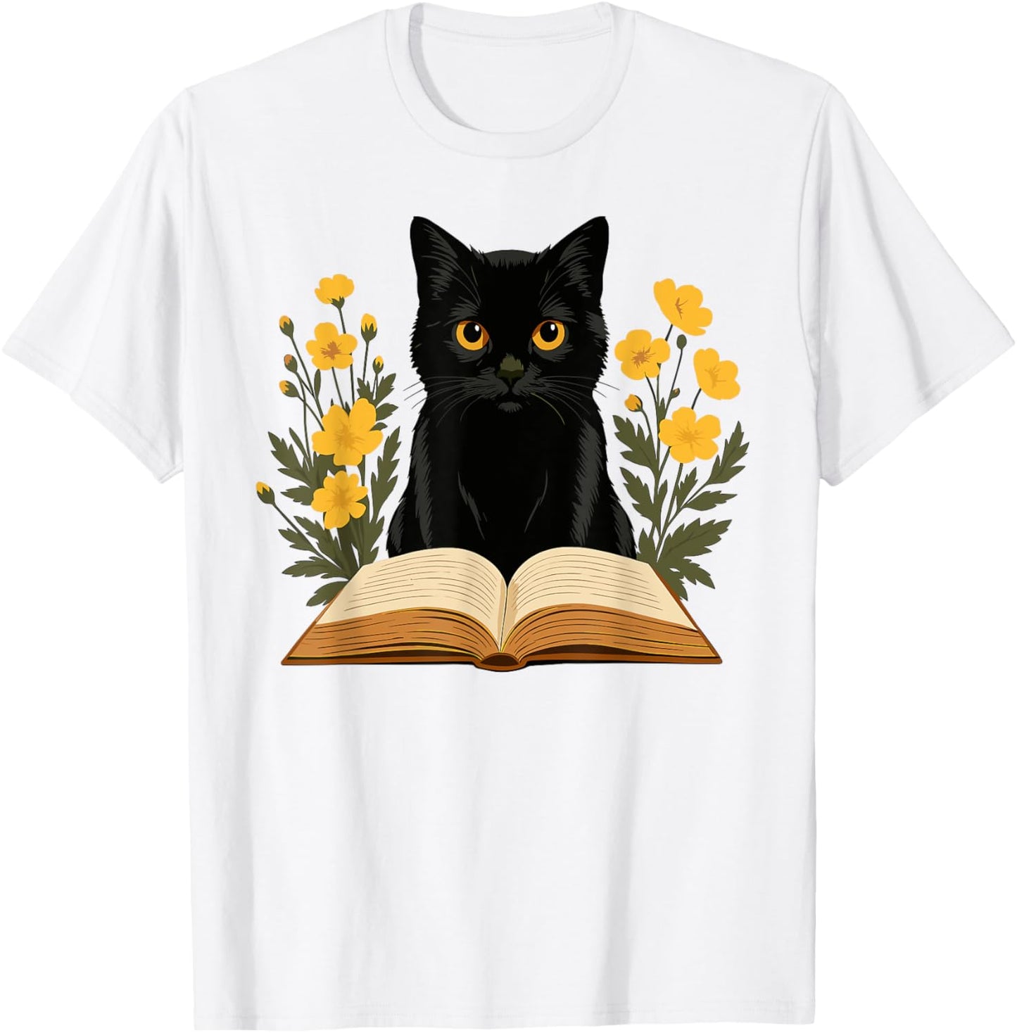 Black Cat Reading Book Floral T-Shirt