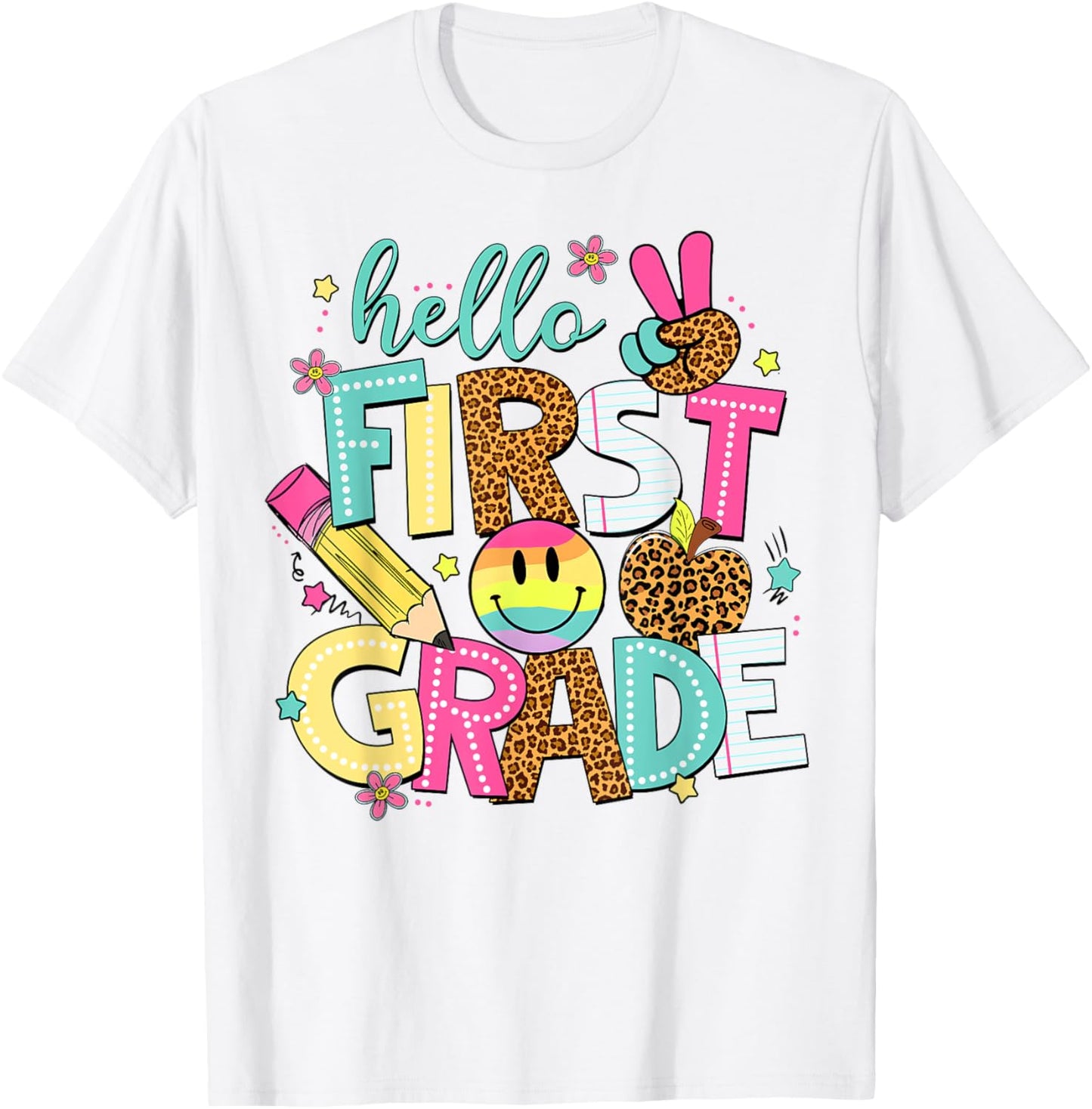 Hello First 1st Grade Back To School Leopard Teacher Kids T-shirt by TeeBrew