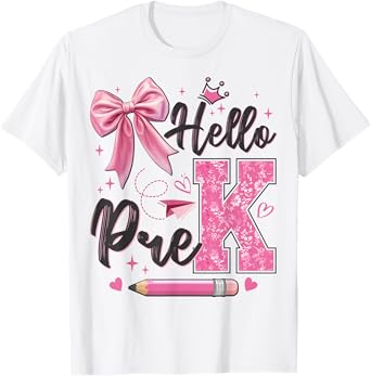 Hello Pre-K Back To School Coquette Bow Teacher Kids Girl T-Shirt