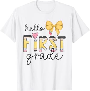 Hello First Grade Teacher Coquette Pencil Bow Back To School T-Shirt for Men Women Girls Kids