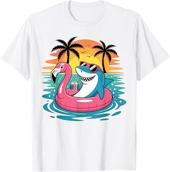 Funny Shark Hawaiian Flamingo Float Beach Summer Vacation T-Shirt