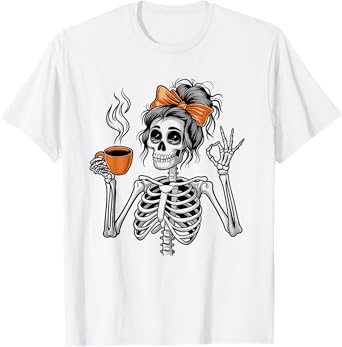 Halloween Skeleton Messy Bun Coffee Funny Costume Mom Women T-Shirt