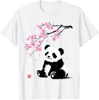 Japanese Panda Sakura Cherry Blossoms Sumi-e Aesthetic T-Shirt