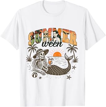 Mermaid Skeleton Summerween Beach Spooky Retro Vibes T-Shirt