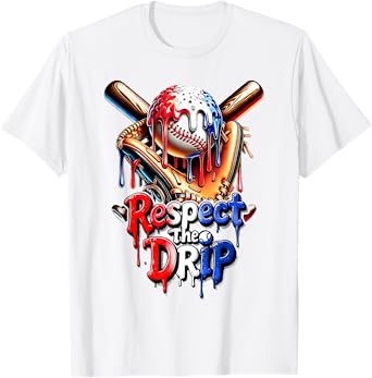 Red White Blue Baseball Ice Cream Drip Youth Boys Baseball T-Shirt