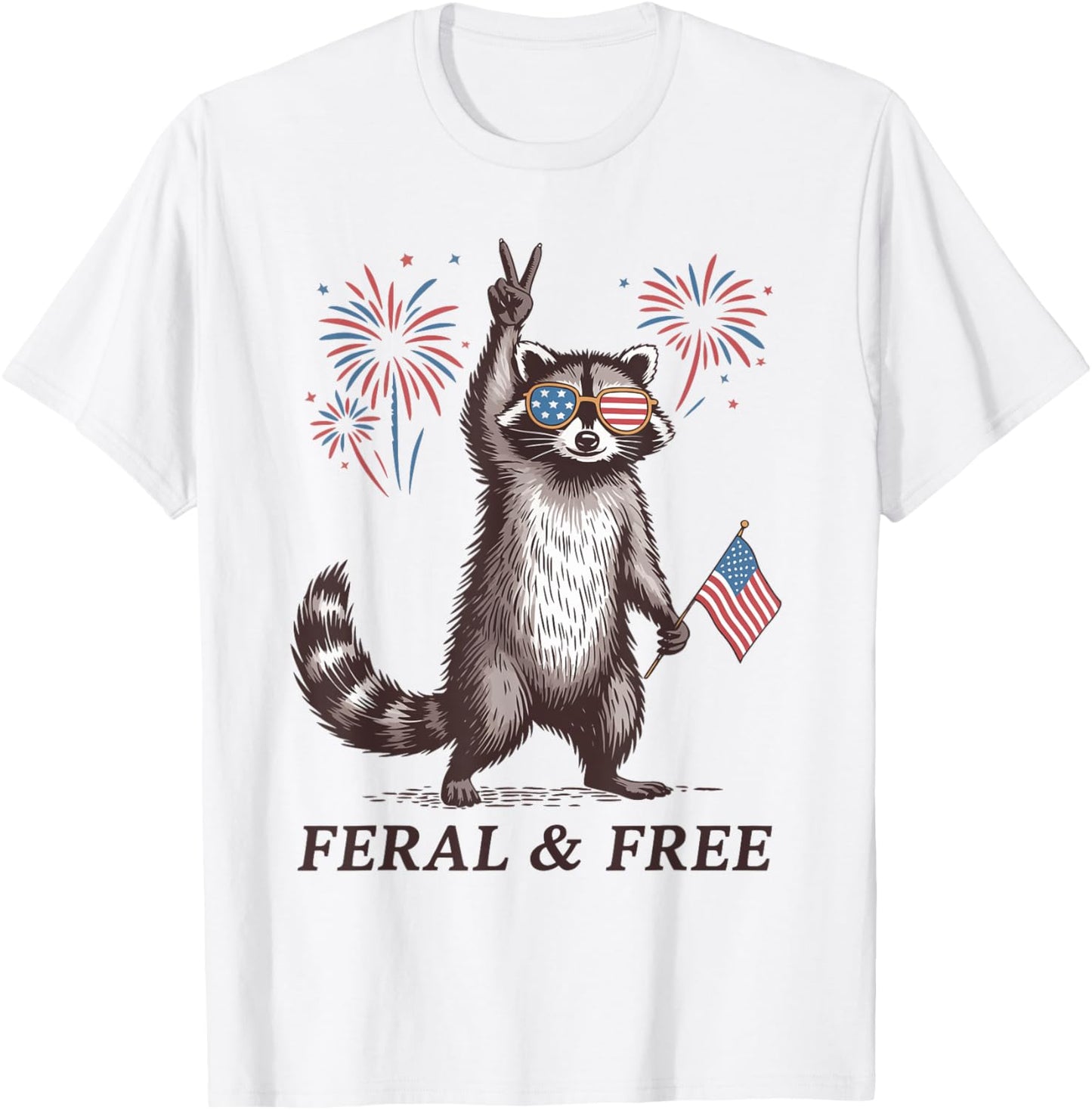 Funny Raccoon Feral And Free Usa 4th Of July Usa Flag T-shirt