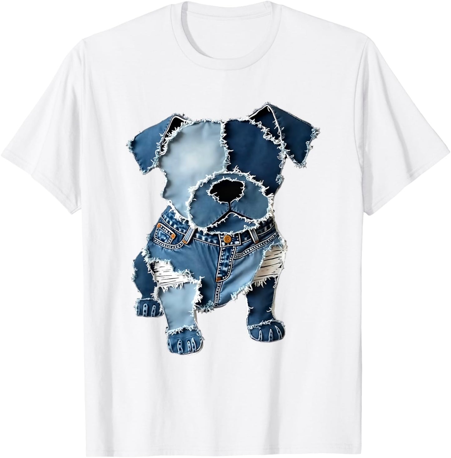 Retro Funny Denim Patch Animal Dog Print T-Shirt