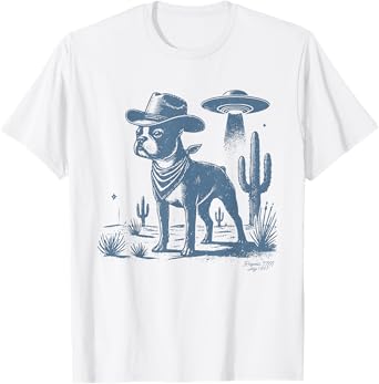 Boston Terrier UFO Cowboy Dog, Dog Mom, Dog Dad, Alien Dog T-Shirt