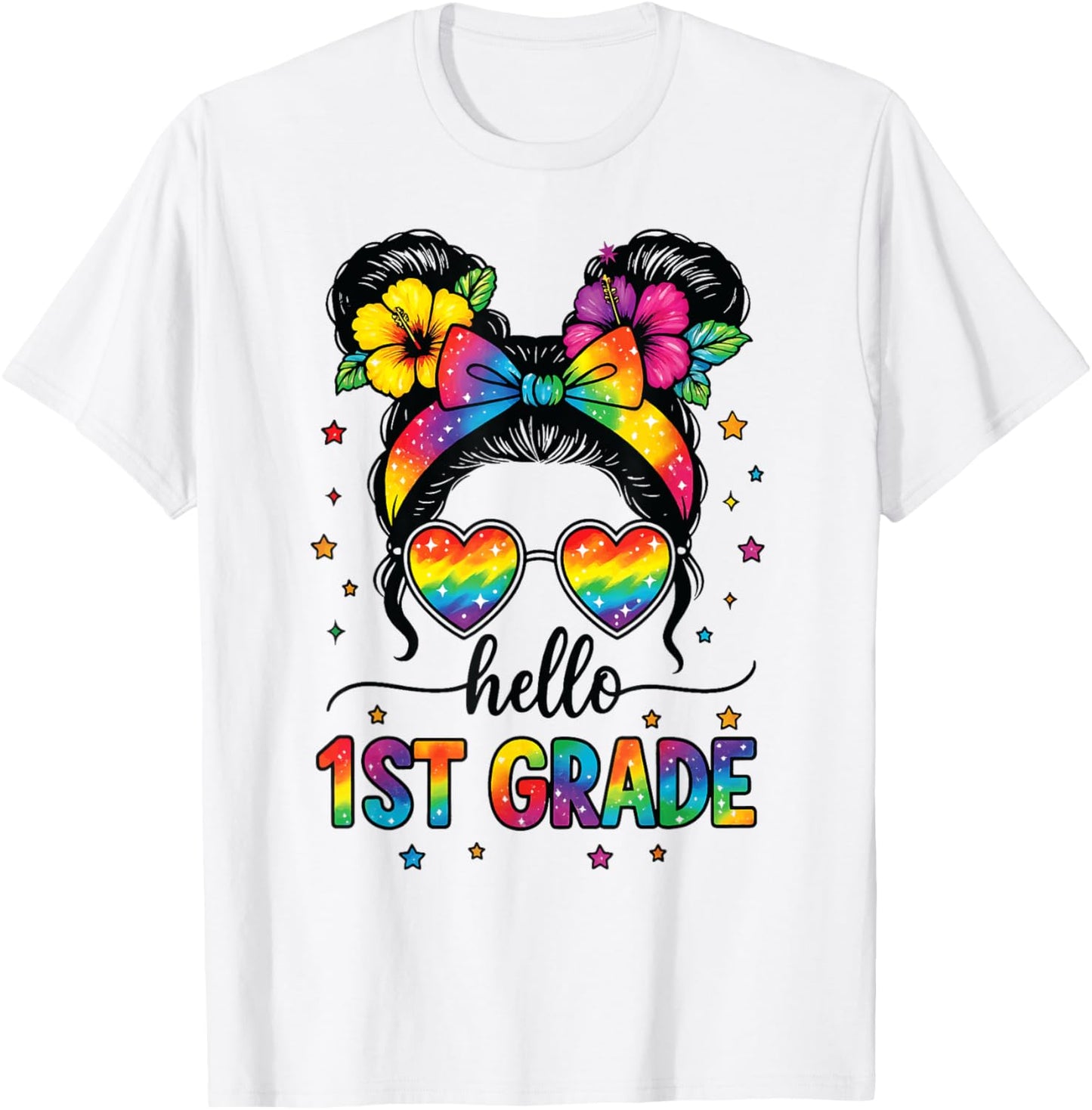Hello 1st Grade Messy Bun First Day Of School Teacher Kids T-Shirt