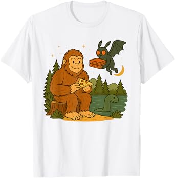 Funny Cryptid Pizza Delivery with Bigfoot and Mothman Nessie T-Shirt