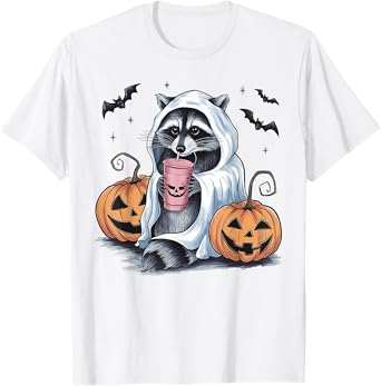 Cute Ghost Pumpkin Halloween Raccoon Costume Raccoon Lovers T-Shirt