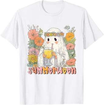 Retro Floral Ghost Summer Halloween Cocktail Cute Summerween T-Shirt