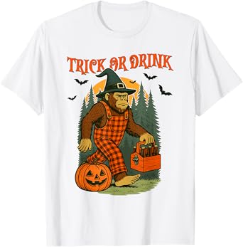 Halloween Drinking Bigfoot Trick Or Drink Spooky Pumpkin T-Shirt