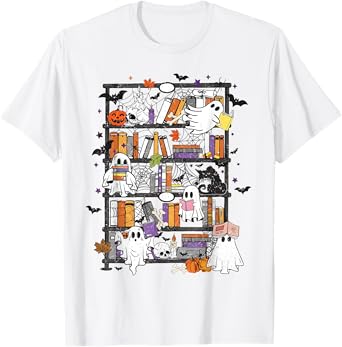 Funny Ghost Book Reading Books Lover Teacher Happy Halloween T-Shirt