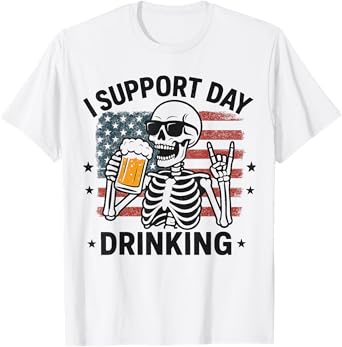 I Support Day Drinking Funny Skeleton Beer Lover USA Flag T-Shirt