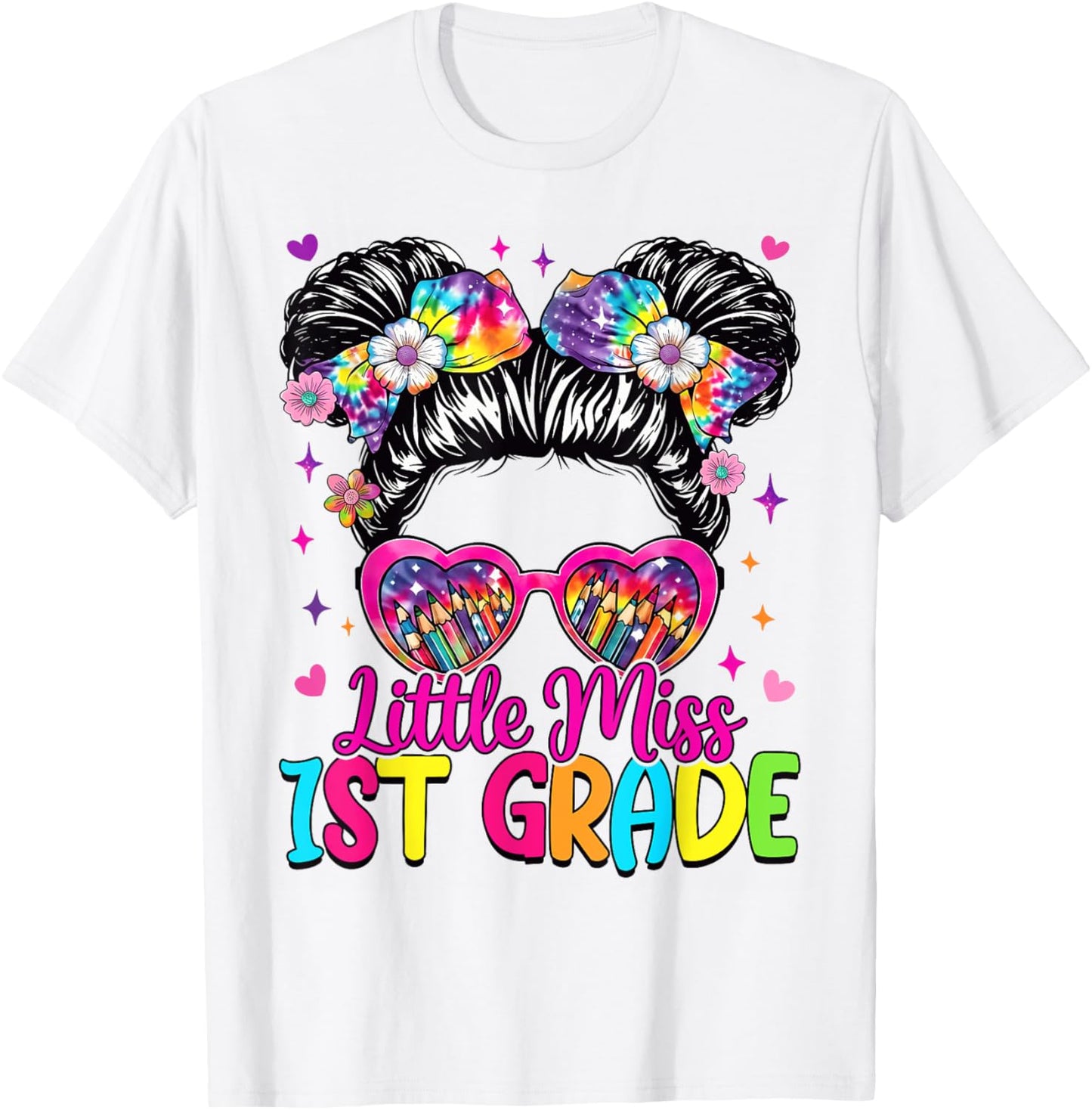 Little Miss 1st First Grade Messy Bun First Day Of School T-shirt by TeeBrew