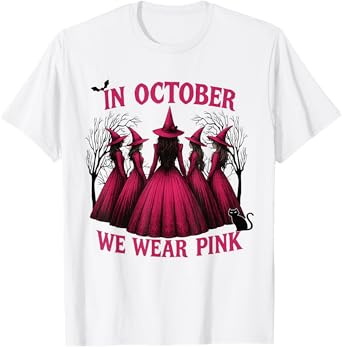 Women's Casual October We Wear Pink Witch Breast Cancer Art T-Shirt