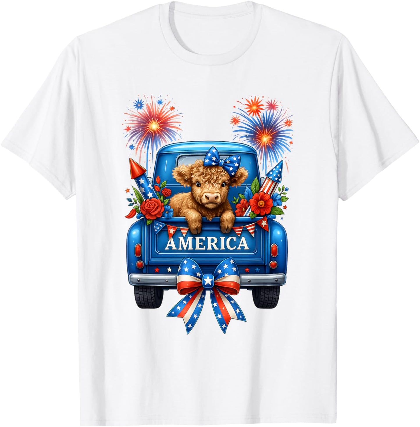 4th Of July Highland Cow Patriotic Truck Fireworks Usa Flag T-shirt