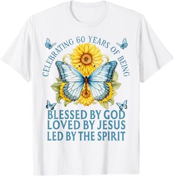 Blessed By God For 60 Years Blue Butterfly With Sunflowers T-Shirt