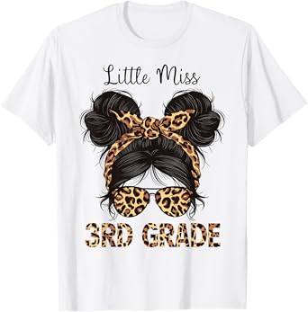Hello 3rd Grade Messy Hair Bun Girl Leopard Back To School T-Shirt