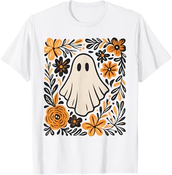 Cute Ghost Wildflower Spooky Season Halloween Trick Or Treat T-Shirt