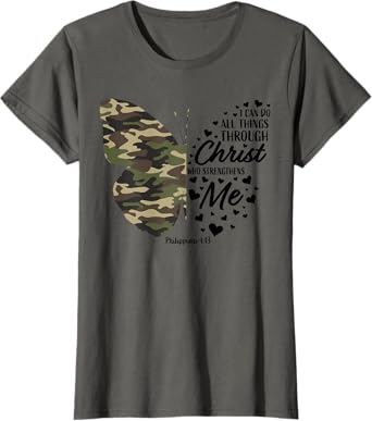Cute Green Military Camo Butterfly Christian Religious Verse T-Shirt