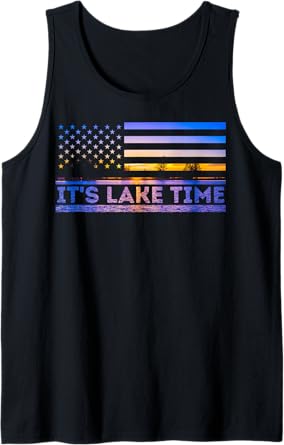 It's Lake Time Sunset American Flag Summer Vacation Fishing Tank Top