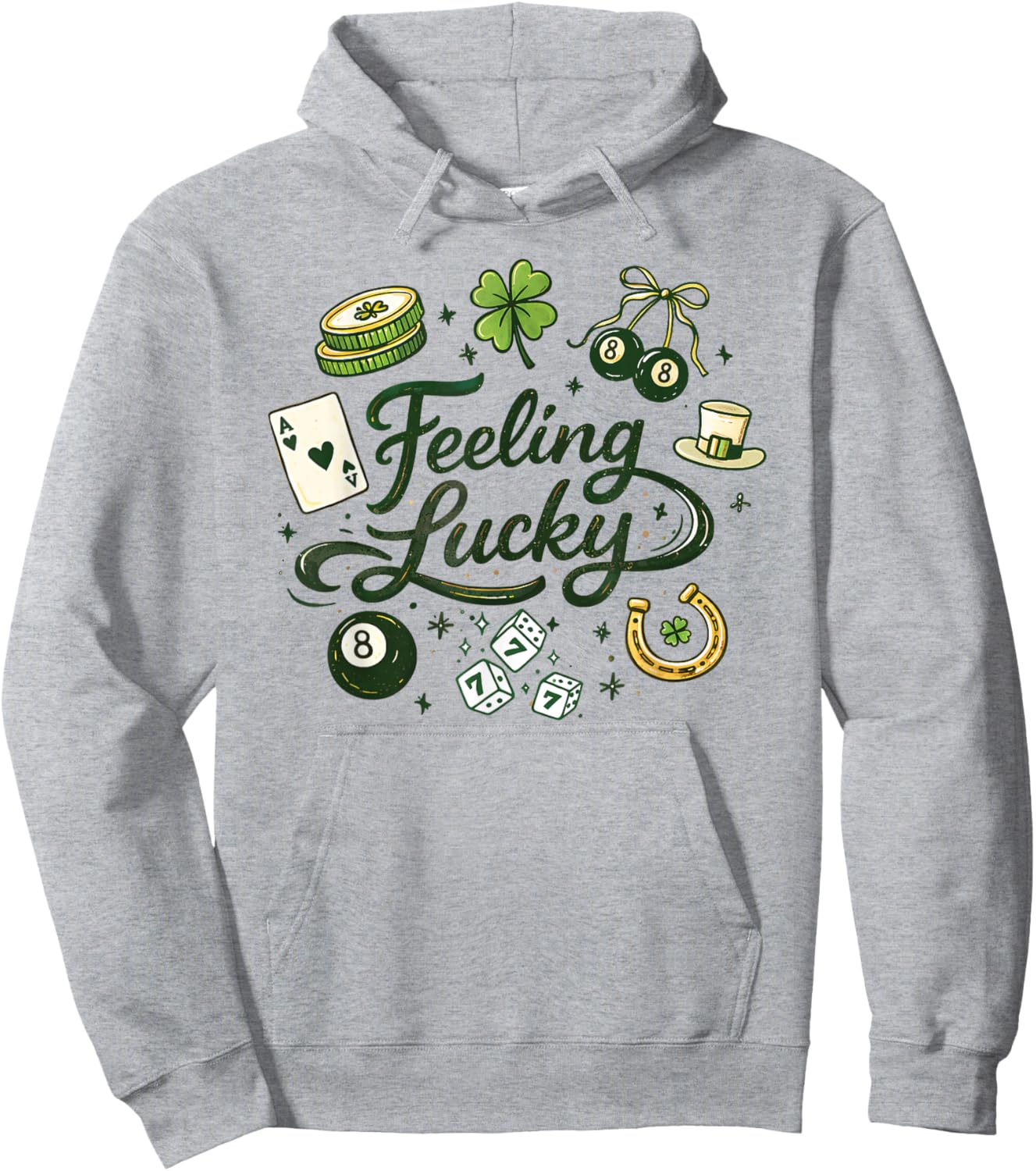 Feeling Lucky Green Clover Horseshoe Dice Lucky Charms T-Shirt - Hoodie | Ash