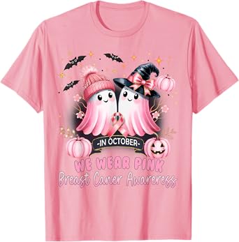 in October We Wear Pink Ghost Witch Breast Cancer Awareness T-Shirt
