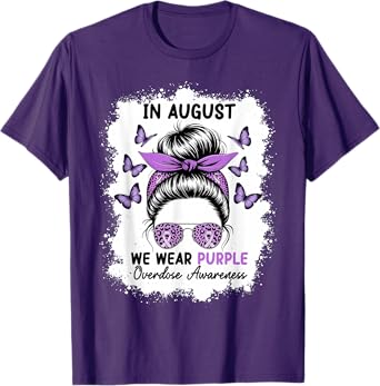 Messy Bun Ribbon in August we wear Purple Overdose Awareness T-Shirt