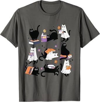 Halloween Ghost Black Cat Reading Book Costume T-Shirt for Men Women Kids