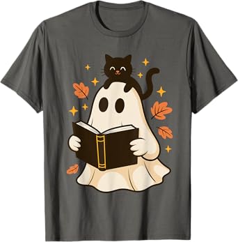 Books Ghost Reading Book Halloween Library Black Cat Fall T-Shirt
