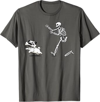 Funny Pug Dog Steals Bone from Skeleton Design T-Shirt