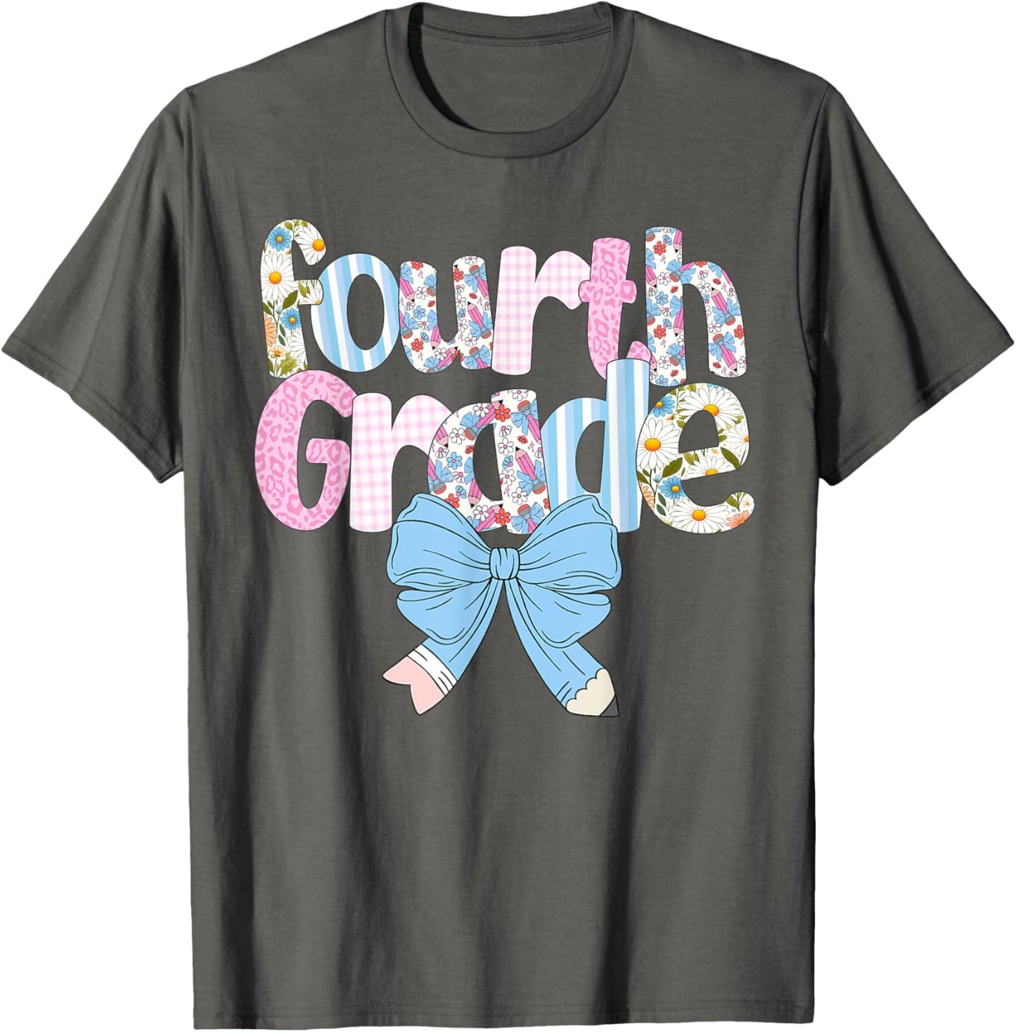 Preppy Fourth Grade Teacher Blue Floral Pencil Bow Tee by TeeBrew
