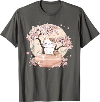 Cherry Blossom Tree Cat Japanese Aesthetic Vaporwave Anime T-Shirt
