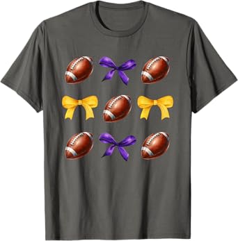 Footballs & Purple & Gold Bows Girls Fall Football Season T-Shirt