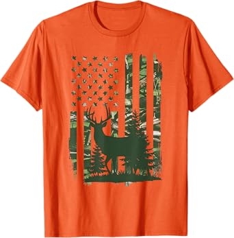 Camo Deer Hunting American Flag Whitetail Hunter USA Graphic T-Shirt