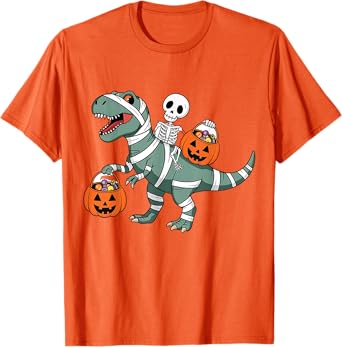 Skeleton Riding Mummy Dinosaur T rex Halloween Funny Pumpkin T-Shirt
