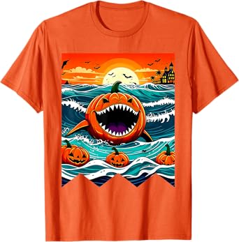 Halloween Pumpkin Shark Funny Summerween Spooky Summer Kids T-Shirt