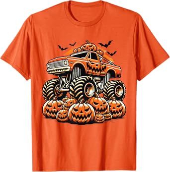 Kids Monster Truck Pumpkin Jack O Lantern Halloween Costume T-Shirt