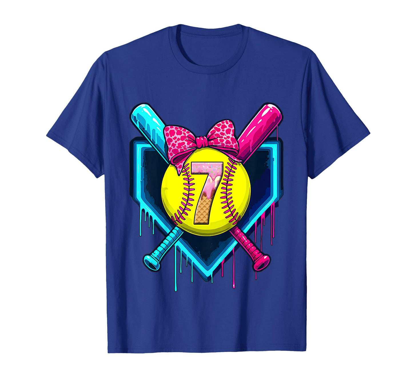 Softball 7 Years Old Ice Cream Drip 7th Birthday Girl T-Shirt