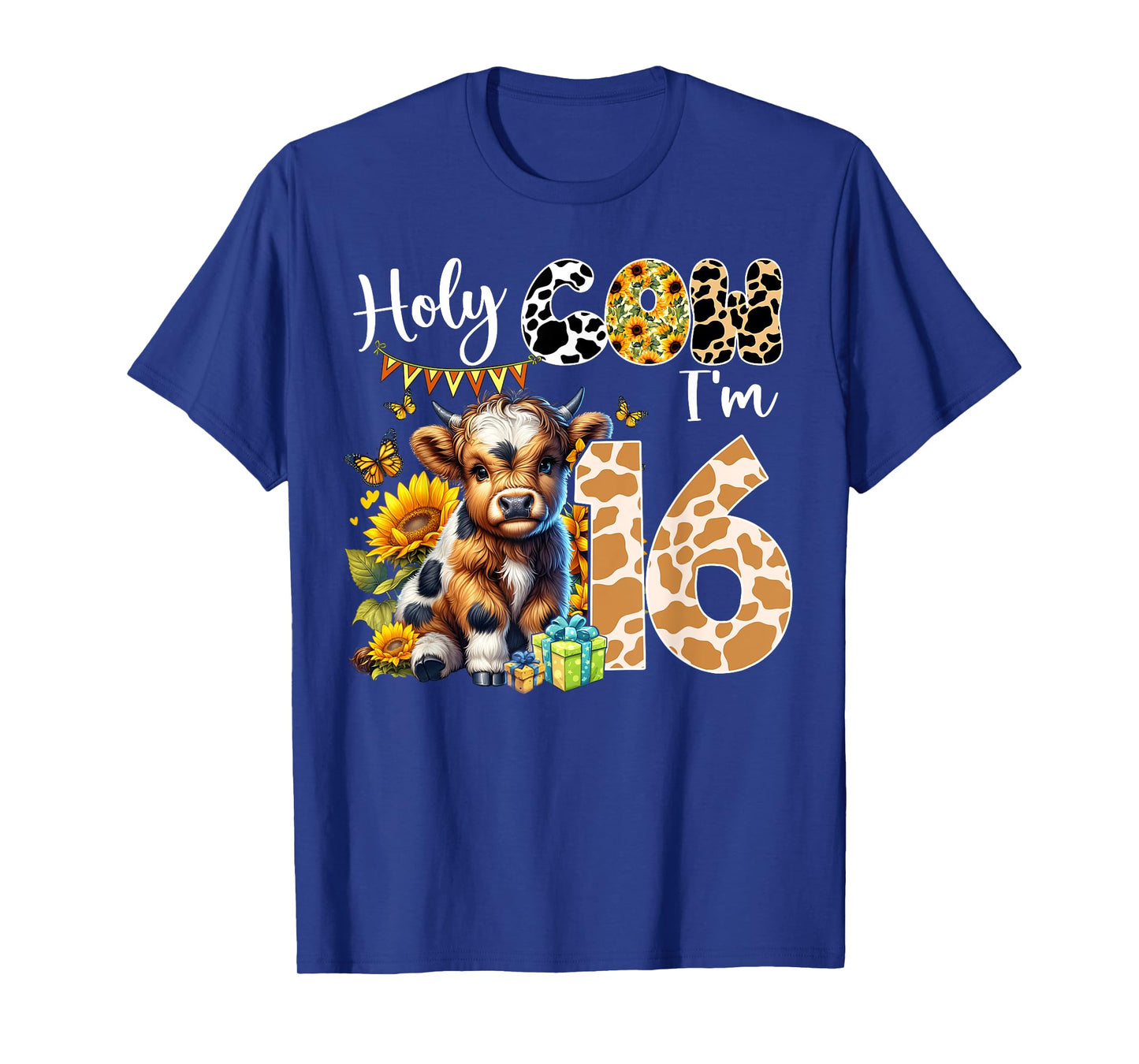 Holy Cow Iβm 16 Years Old Dairy Cow Sunflowers 16th Birthday T-Shirt