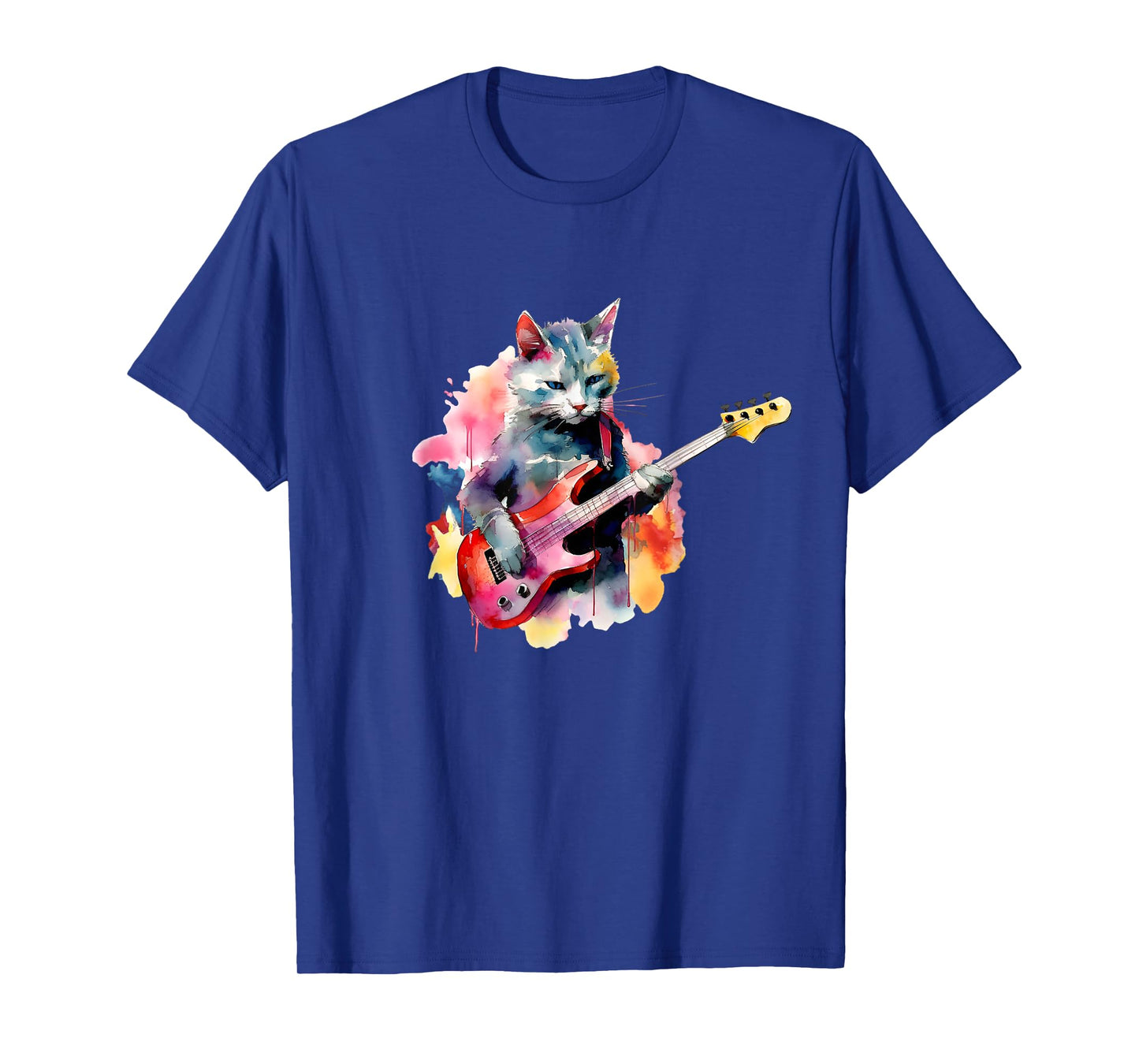 Cat Playing Bass Guitar Watercolor Graphic Design T-Shirt