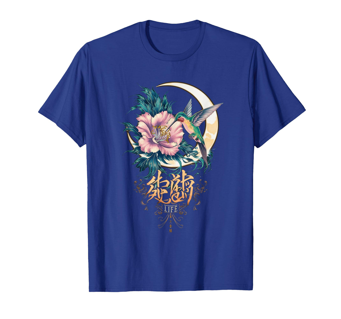 Vibrant Life Hummingbird with Hibiscus Moon Japanese Style T-Shirt