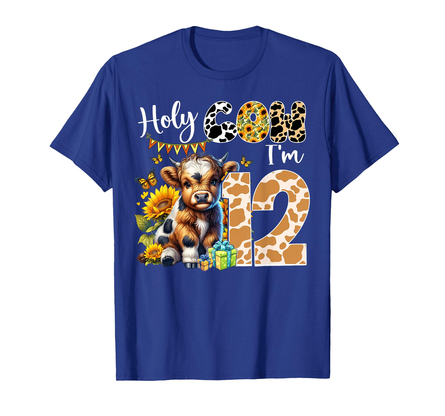Holy Cow Iβm 12 Years Old Dairy Cow Sunflowers 12th Birthday T-Shirt